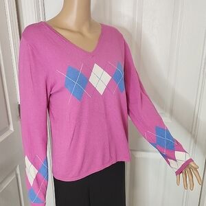 Liz Claiborne Pink V-Neck Sweater with Blue and White Argyle